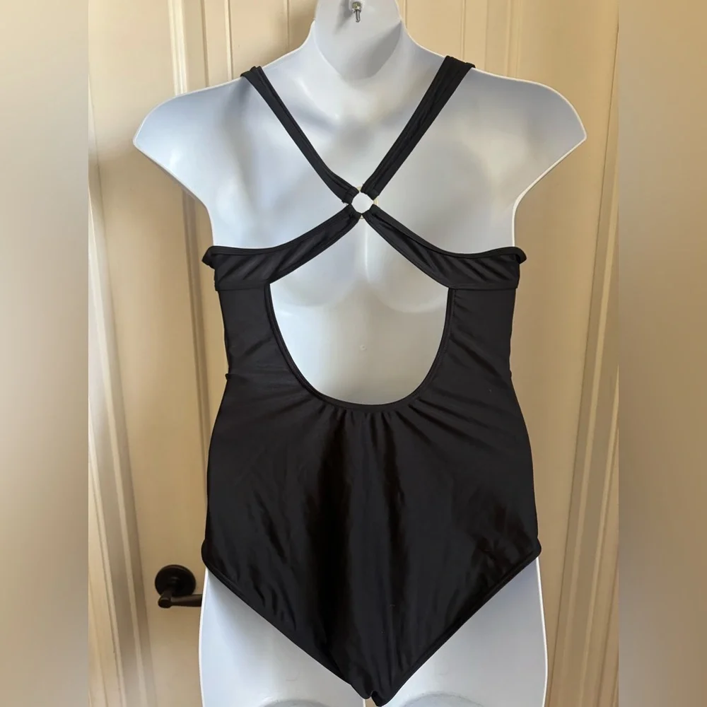 NWT Tournesol One Piece Black Swimsuit Cut Out V Neck Cross-Back Straps, Large